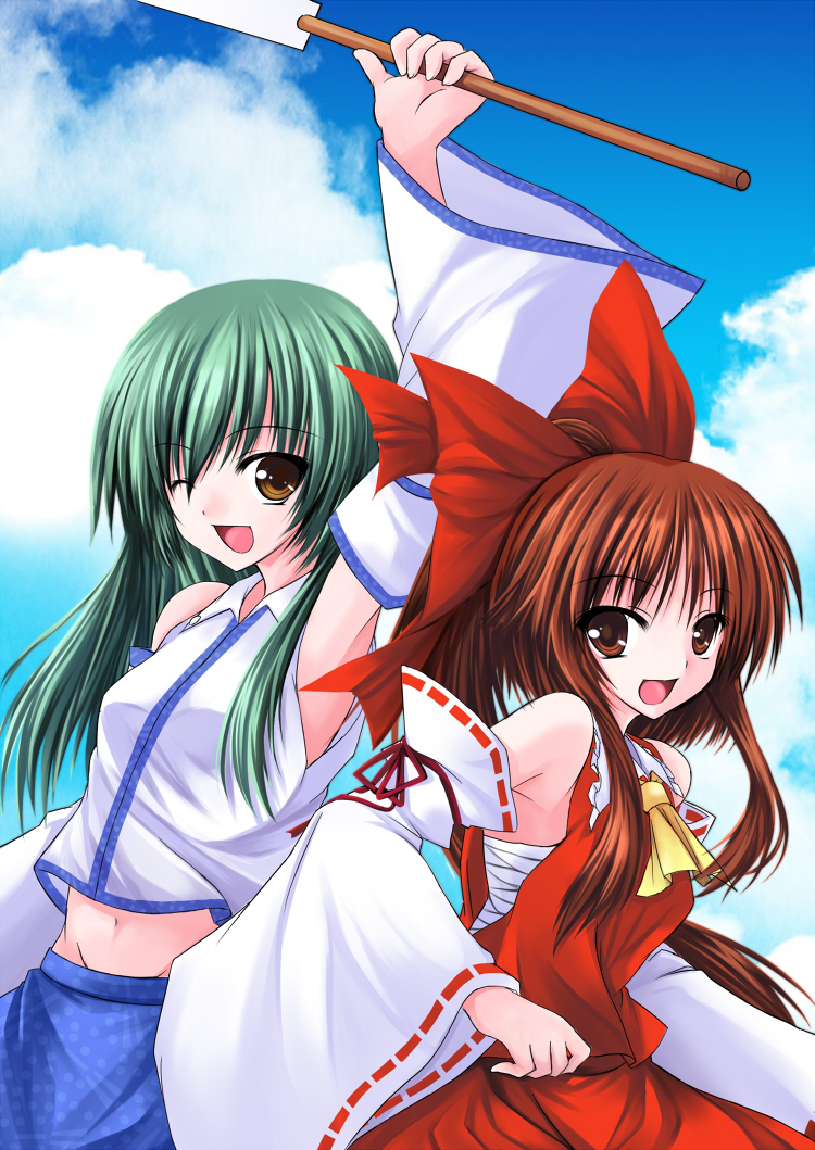 utakata (kochou no yume), hakurei reimu, kochiya sanae, touhou, 2girls, bare shoulders, bow, brown eyes, brown hair, day, detached sleeves, female focus, green eyes, groin, hair bow, midriff, multiple girls, navel, one eye closed, open mouth, sarashi, sky, smile