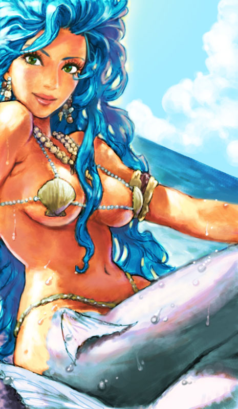 matsuda (matsukichi), bad id, bad pixiv id, 1girl, bikini, bikini top only, blue hair, breasts, day, dutch angle, earrings, female focus, gem, green eyes, jewelry, large breasts, lips, long hair, looking at viewer, lots of jewelry, mermaid, micro bikini, monster girl, necklace, ocean, outdoors, pearl (gemstone), pearl necklace, seashell, shell, shell bikini, sitting, sky, smile, solo, swimsuit, very long hair, wavy hair, wet, wide hips