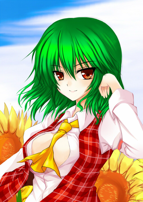 utakata (kochou no yume), kazami yuuka, touhou, plaid, bad id, bad pixiv id, 1girl, adjusting hair, bad anatomy, bad proportions, breasts, cleavage, female focus, flower, green hair, large breasts, open clothes, open shirt, poorly drawn, red eyes, shirt, short hair, smile, solo, sunflower, tsurime, vest