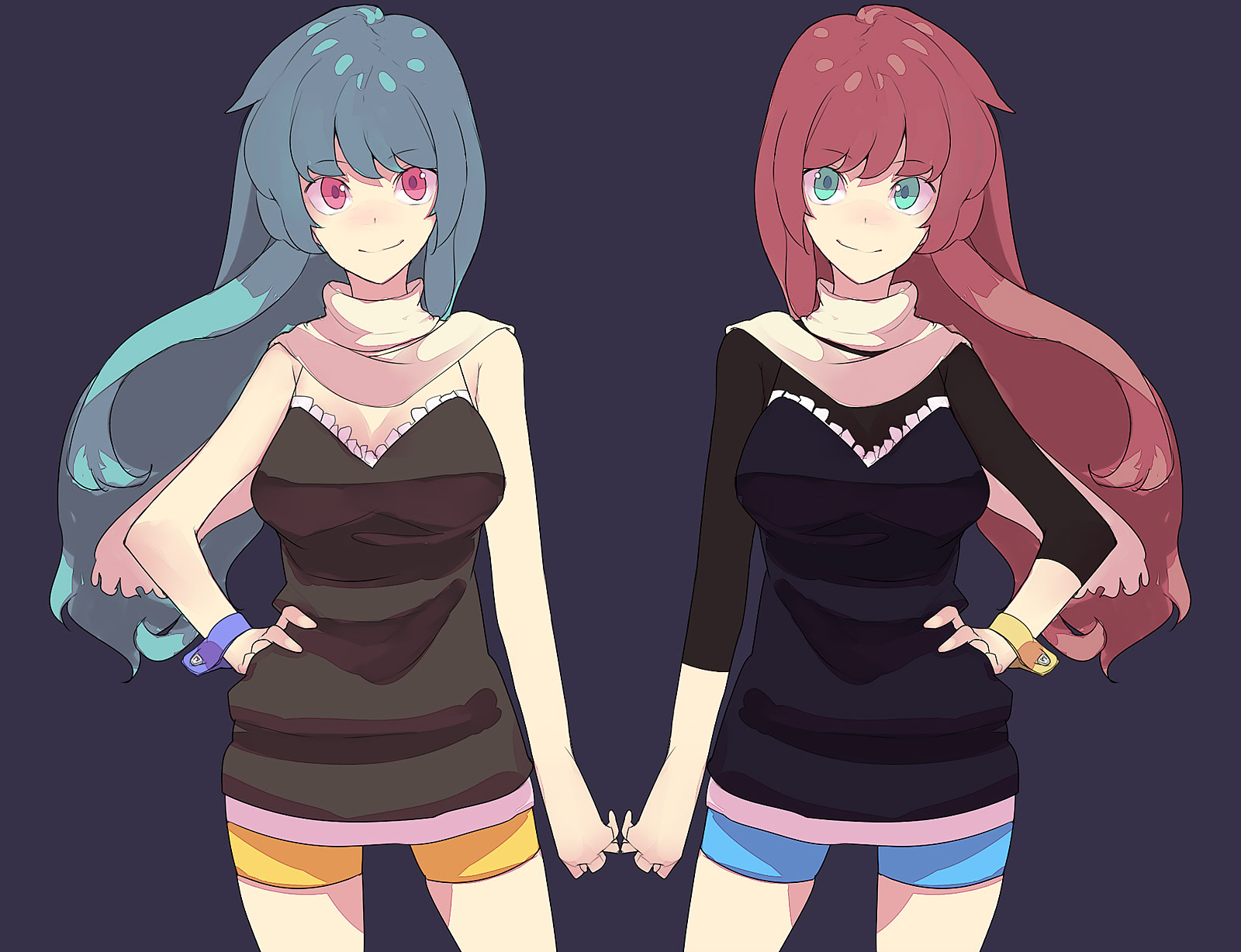 hama (22ji kara 24ji), highres, bike shorts, blue eyes, blue hair, long hair, red eyes, red hair, scarf, smile, sweater