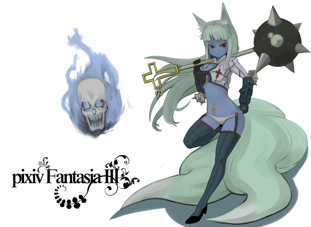 sharekoube, pixiv fantasia, pixiv fantasia 3, bad id, bad pixiv id, 1girl, blue skin, colored skin, female focus, garter belt, gigandal federation, gloves, green hair, long hair, mace, monster girl, navel, navel piercing, panties, piercing, red eyes, skull, solo, spiked mace, spikes, tail, thighhighs, underwear, weapon, white panties