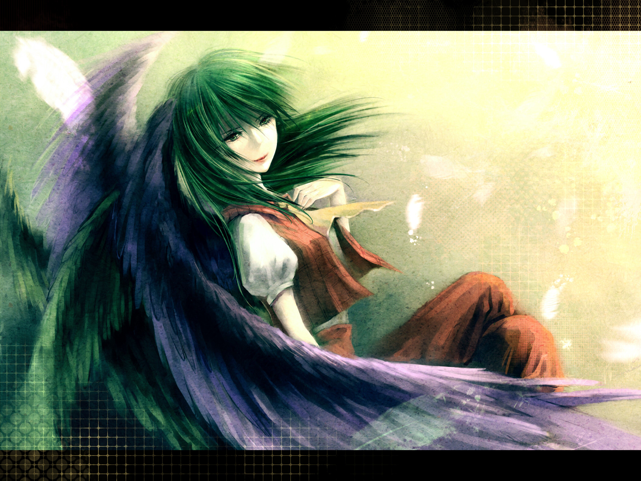 kieta, kazami yuuka, kazami yuuka (pc-98), kazami yuuka (seihou), seihou, touhou, highres, 1girl, ascot, faux traditional media, female focus, green eyes, green hair, grid, hand on another's chest, hand on own chest, letterboxed, matching hair/eyes, skirt, skirt set, smile, solo, vest, wings