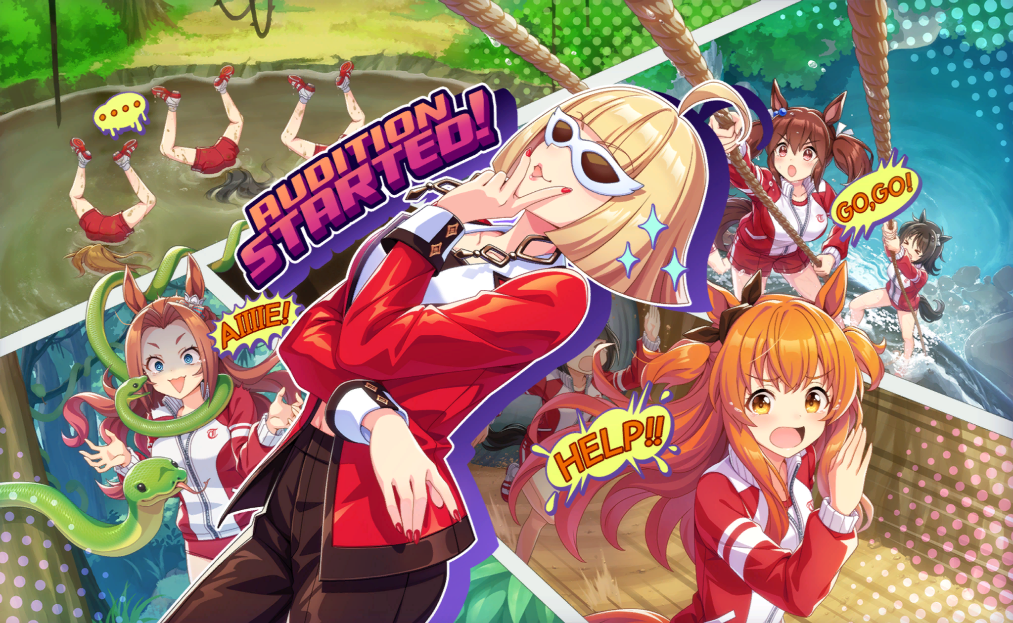 hishi akebono (umamusume), kawakami princess (umamusume), mayano top gun (umamusume), umamusume, artist request, game cg, highres, official art, > <, …, 6+girls, ahoge, bare legs, beauty anshinzawa, black hair, black pants, blazer, blonde hair, blue eyes, blunt bangs, blunt ends, bob cut, bow, breasts, brown eyes, brown hair, cabin, climbing, clothing cutout, collarbone, collared jacket, colored lapels, crest, crying, crying with eyes open, day, determined, dripping, drop shadow, ear ornament, english text, forehead, grey bow, gym shorts, hair between eyes, hair bobbles, hair bow, hair intakes, hair ornament, hair ribbon, halftone, hand on own chin, happy, high-waist pants, high collar, holding, holding rope, horse girl, indoors, jacket, jungle, lapels, large breasts, lipstick, long sleeves, makeup, multicolored jacket, multiple girls, nail polish, nature, navel, nervous smile, notched lapels, open mouth, outdoors, outline, pants, partially submerged, path, pink lips, pocket, red jacket, red nails, red shorts, ribbon, ripples, road, rock, rope, running, scared, short hair, short twintails, shorts, sidelocks, sleeve cuffs, smile, snake, snake wrapped around neck, sparkle, speech bubble, spoken ellipsis, standing, stomach cutout, sunglasses, tareme, tears, tracen training uniform, track jacket, turn pale, twintails, two-tone jacket, v, v-shaped eyebrows, white-framed eyewear, white jacket, white outline, white ribbon, wide-eyed