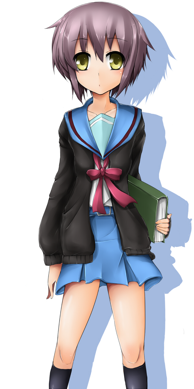 surikogi, nagato yuki, suzumiya haruhi no yuuutsu, highres, 00s, blush, book, cardigan, green eyes, legs, miniskirt, purple hair, ribbon, school uniform, serafuku, short hair, skirt, socks, solo, yellow eyes