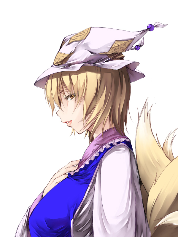 kurokuro, yakumo ran, touhou, bad id, bad pixiv id, 1girl, blonde hair, breasts, brown eyes, female focus, hat, profile, short hair, simple background, solo, tail, upper body, white background