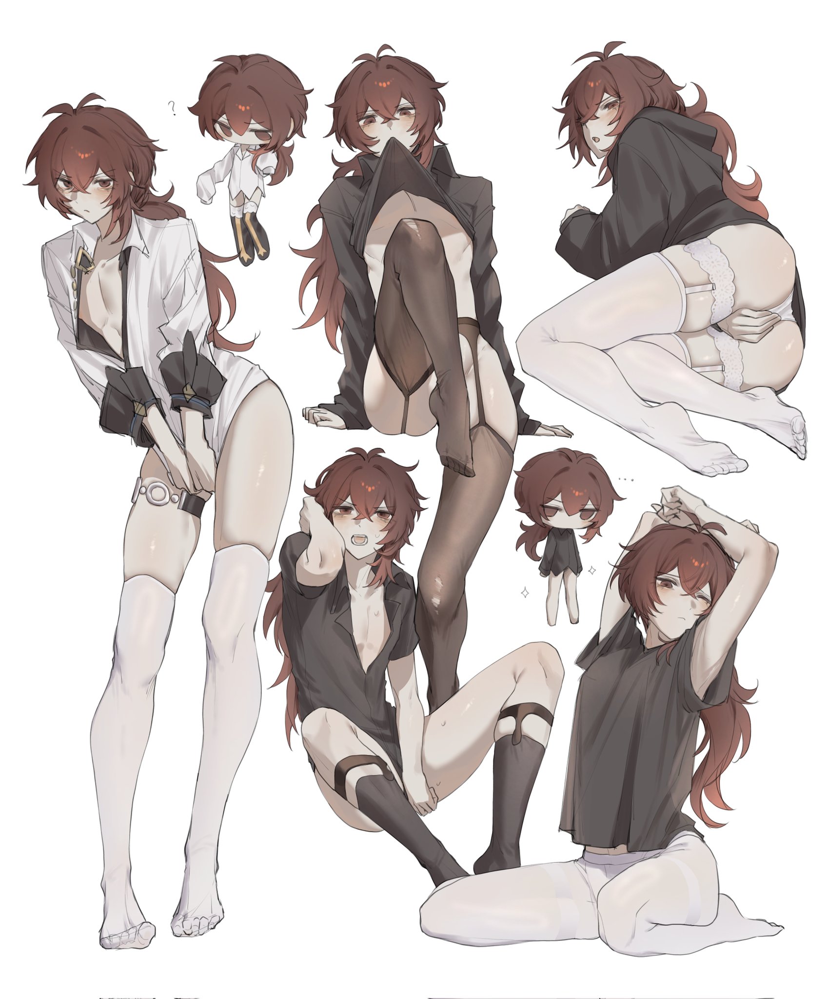 zehuij, diluc (genshin impact), genshin impact, highres, …, 1boy, ?, armpits, arms up, black hoodie, black pantyhose, black shirt, chibi, clothes lift, collared shirt, covering crotch, covering privates, crossdressing, crossdressing (mtf), feet, full body, hair between eyes, hand on own crotch, hood, hoodie, lifting own clothes, long hair, long sleeves, male focus, mouth hold, multiple views, one eye closed, open mouth, panties, pantyhose, red eyes, red hair, shirt, shirt lift, simple background, sitting, skindentation, soles, teeth, thighhighs, thighs, toes, torn clothes, torn pantyhose, underwear, wariza, white background, white panties, white pantyhose, white shirt