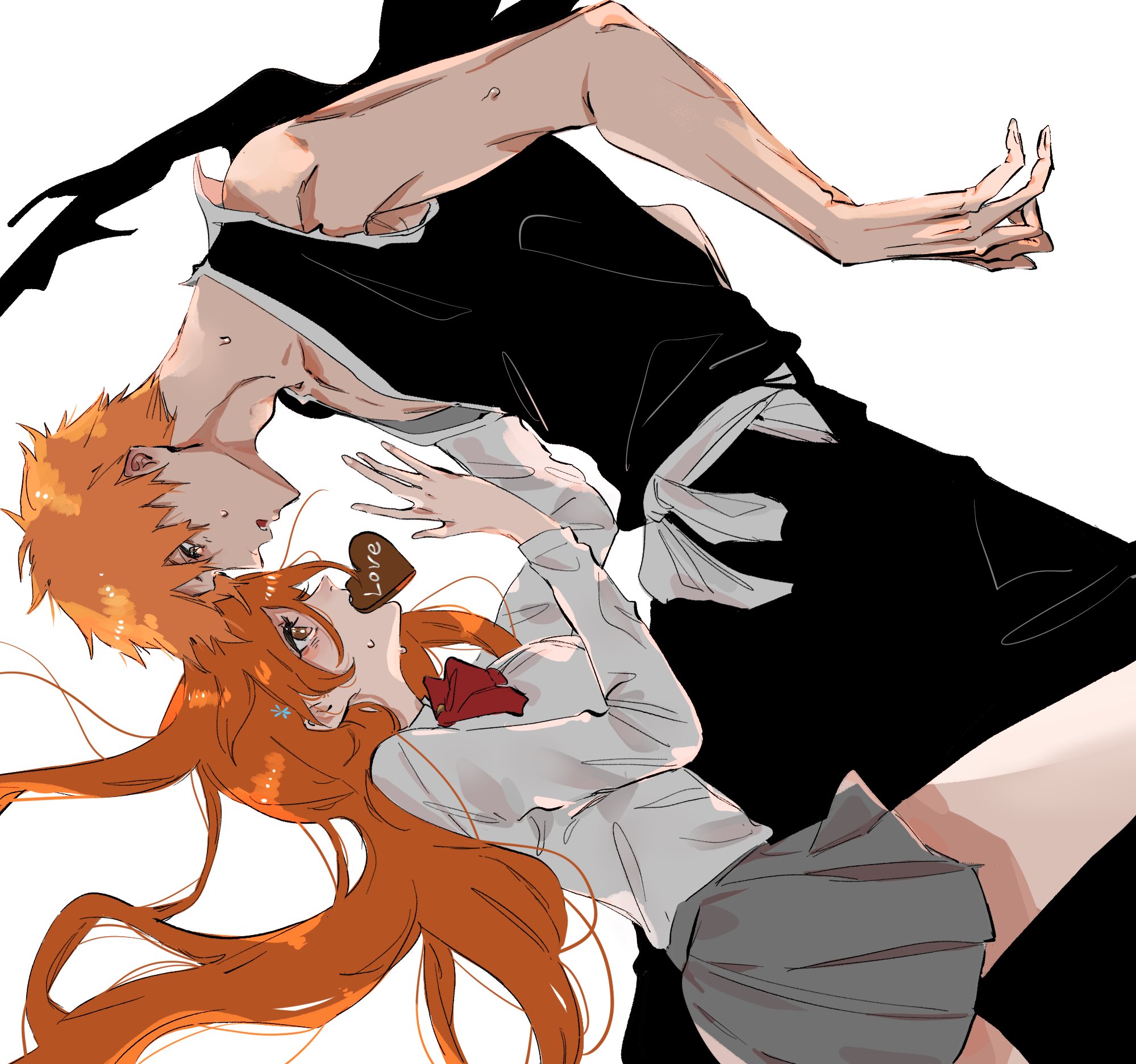 mozukurinn, inoue orihime, kurosaki ichigo, bleach, highres, 1boy, 1girl, bare shoulders, black pants, black shirt, blush, breasts, brown eyes, candy, chocolate, chocolate heart, couple, cowboy shot, food, food in mouth, grey skirt, hair between eyes, hair ornament, heart, heart-shaped food, hetero, long hair, medium breasts, neck ribbon, orange hair, pants, parted lips, pleated skirt, red ribbon, ribbon, shirt, short hair, skirt, snowflake hair ornament, spiked hair, sweat, torn clothes, torn sleeves, white background, white shirt
