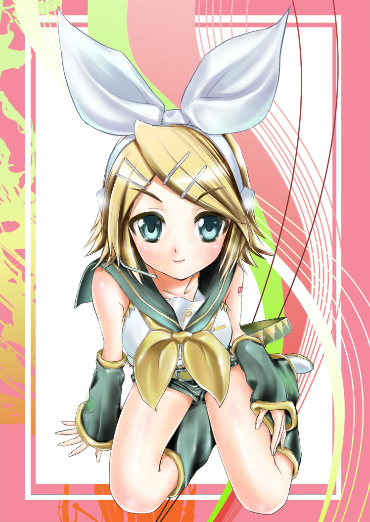 maruyama, kagamine rin, vocaloid, blonde hair, blue eyes, blush, hair ornament, hair ribbon, hairclip, kneeling, legs, ribbon, short hair, shorts, sitting, smile, solo