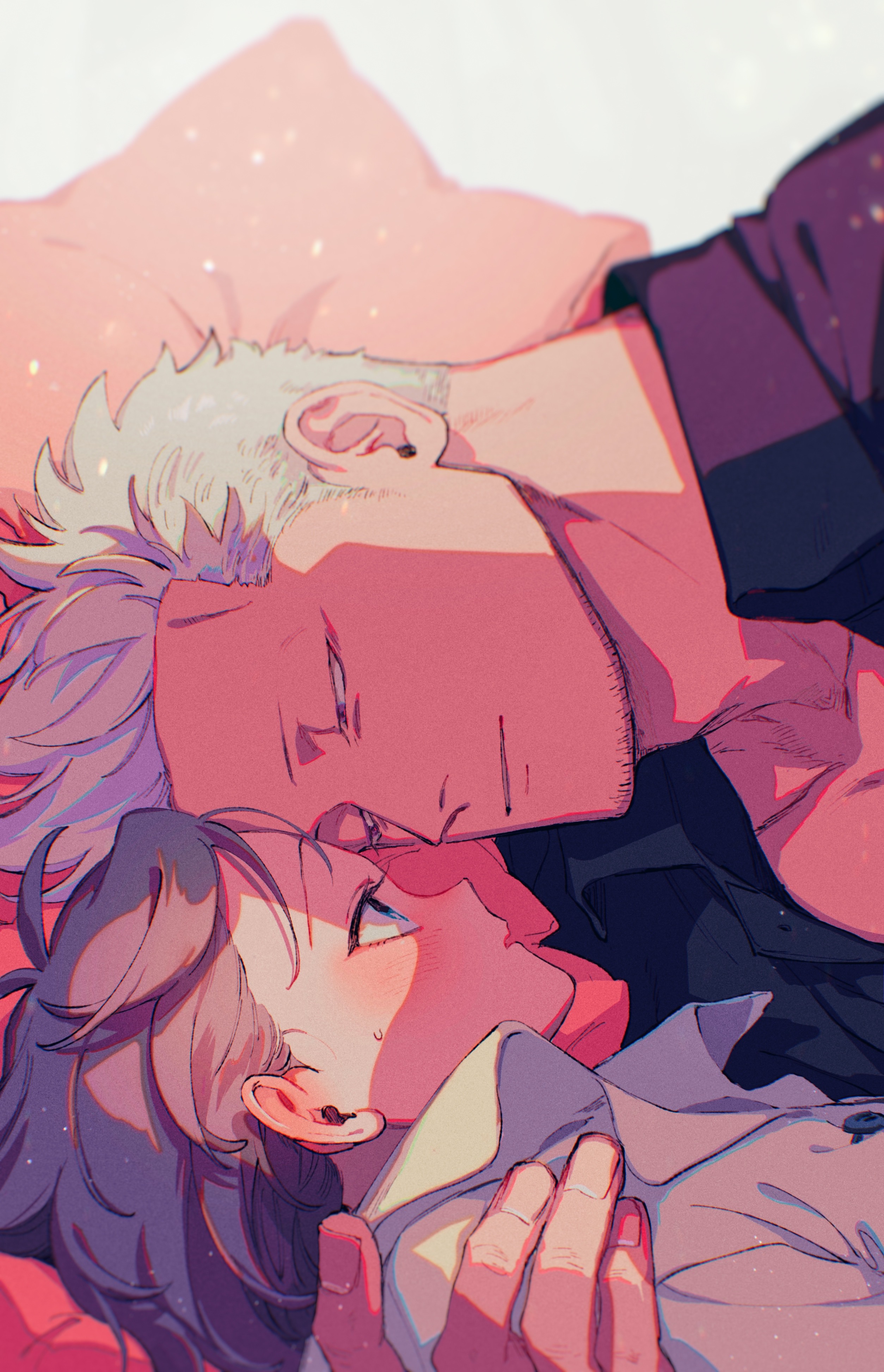 kabane (rjev8385), smoker (one piece), one piece, original, absurdres, commentary request, highres, 1boy, 1girl, antenna hair, arm behind another's back, black shirt, blue eyes, blush, brown eyes, collarbone, collared shirt, couple, eye contact, facial hair, goatee stubble, grey hair, hair behind ear, half-closed eyes, hand on another's shoulder, hetero, light particles, looking at another, lying, oc x canon, on back, on side, parted lips, shirt, short hair, small sweatdrop, smile, stubble, upper body, white hair, white shirt
