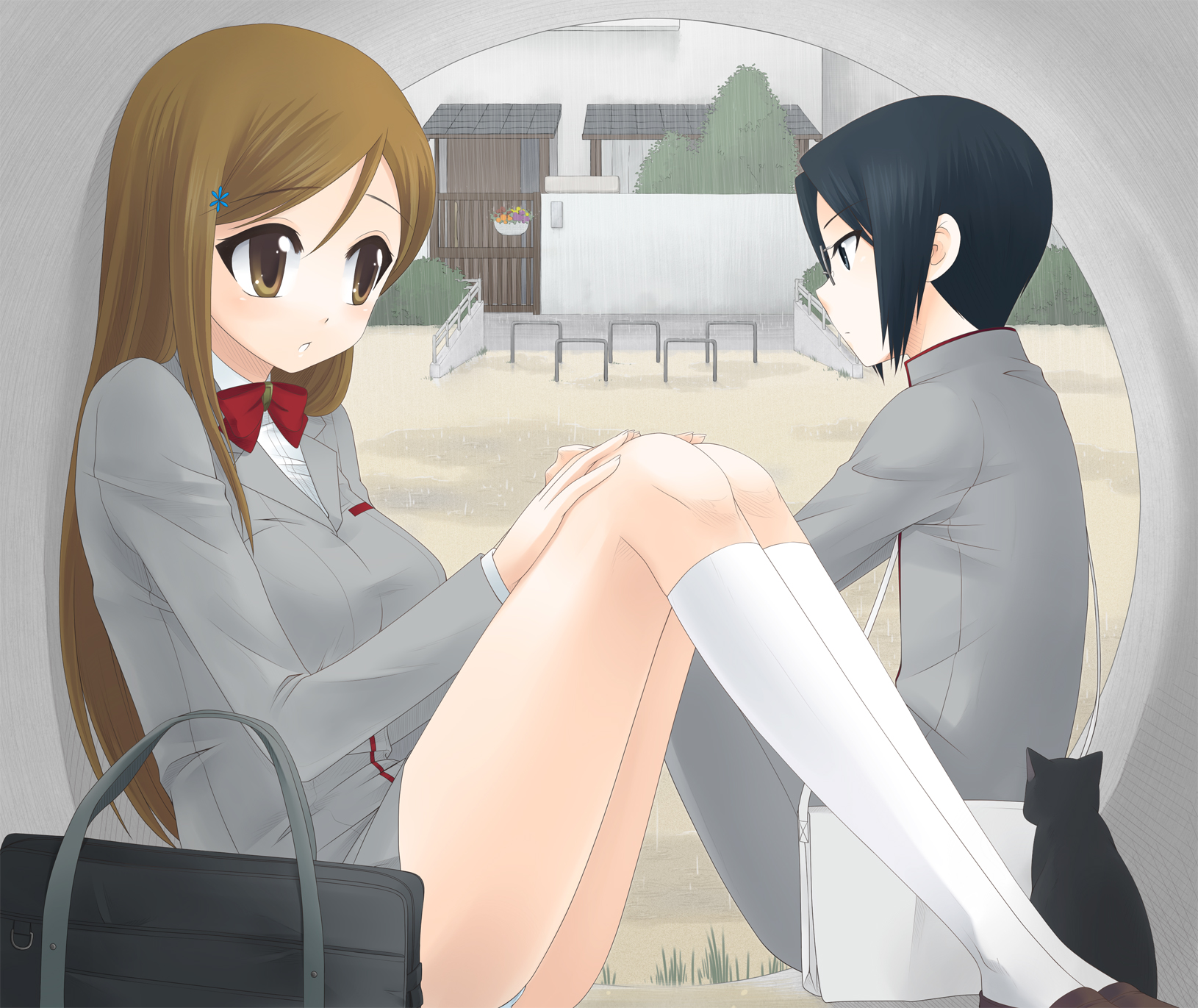 kiriyama machi, inoue orihime, ishida uryuu, shihouin yoruichi, bleach, bad id, bad pixiv id, highres, 00s, bag, black hair, blue hair, brown eyes, brown hair, cat, glasses, legs, long hair, rain, school uniform, socks