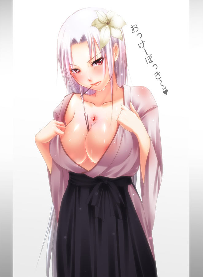 shokuyou mogura, isayama mei, ga-rei, ga-rei zero, bad id, bad pixiv id, translated, 00s, 1girl, between breasts, breasts, cleavage, female focus, flower, food, japanese clothes, kimono, large breasts, mouth hold, pink hair, pocky, solo, wet, wet clothes