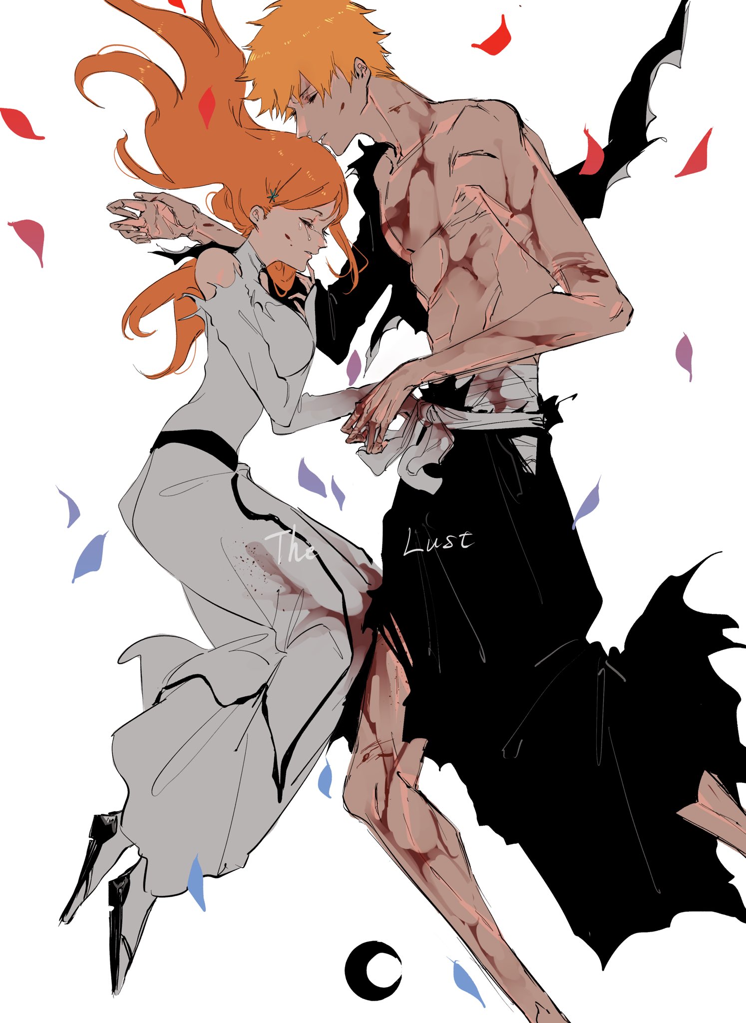 mozukurinn, inoue orihime, kurosaki ichigo, bleach, highres, 1boy, 1girl, bandaged torso, black shoes, blood, blood on arm, blood on chest, blood on clothes, blood on leg, breasts, closed eyes, couple, dress, english text, feet out of frame, floating, full body, hair behind ear, hair ornament, hetero, injury, japanese clothes, long dress, long hair, medium breasts, orange hair, parted bangs, shoes, short hair, snowflake hair ornament, tears, topless male, torn clothes, torn sleeves, white background, white dress