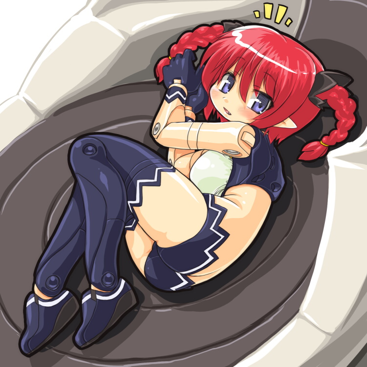 dd (ijigendd), vespelio, busou shinki, bad id, bad pixiv id, 10s, 1girl, ass, blue eyes, blush, braid, butt crack, doll joints, fang, female focus, joints, lying, red hair, solo, thighhighs, twin braids, twintails