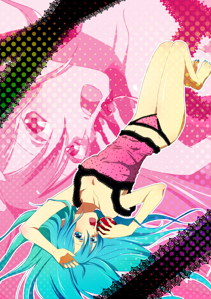 mina m, mochizuki mina, hatsune miku, romeo to cinderella (vocaloid), vocaloid, 1girl, apple, aqua eyes, aqua hair, aqua nails, barefoot, camisole, female focus, food, fruit, long hair, lying, nail polish, panties, polka dot, solo, toenail polish, toenails, underwear, upside-down, zoom layer