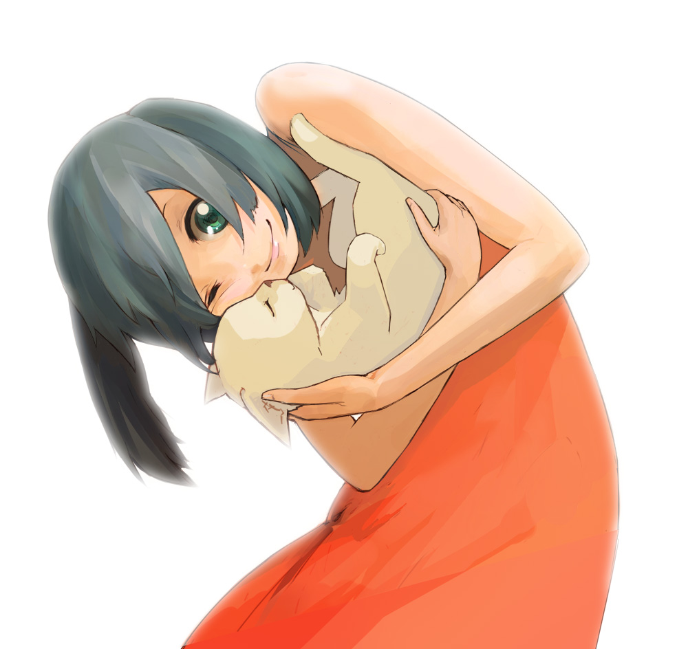 guitar (guitars), original, bad id, bad pixiv id, 1girl, black hair, cat, dress, female focus, green eyes, green hair, happy, hug, lips, matching hair/eyes, short hair, smile, solo