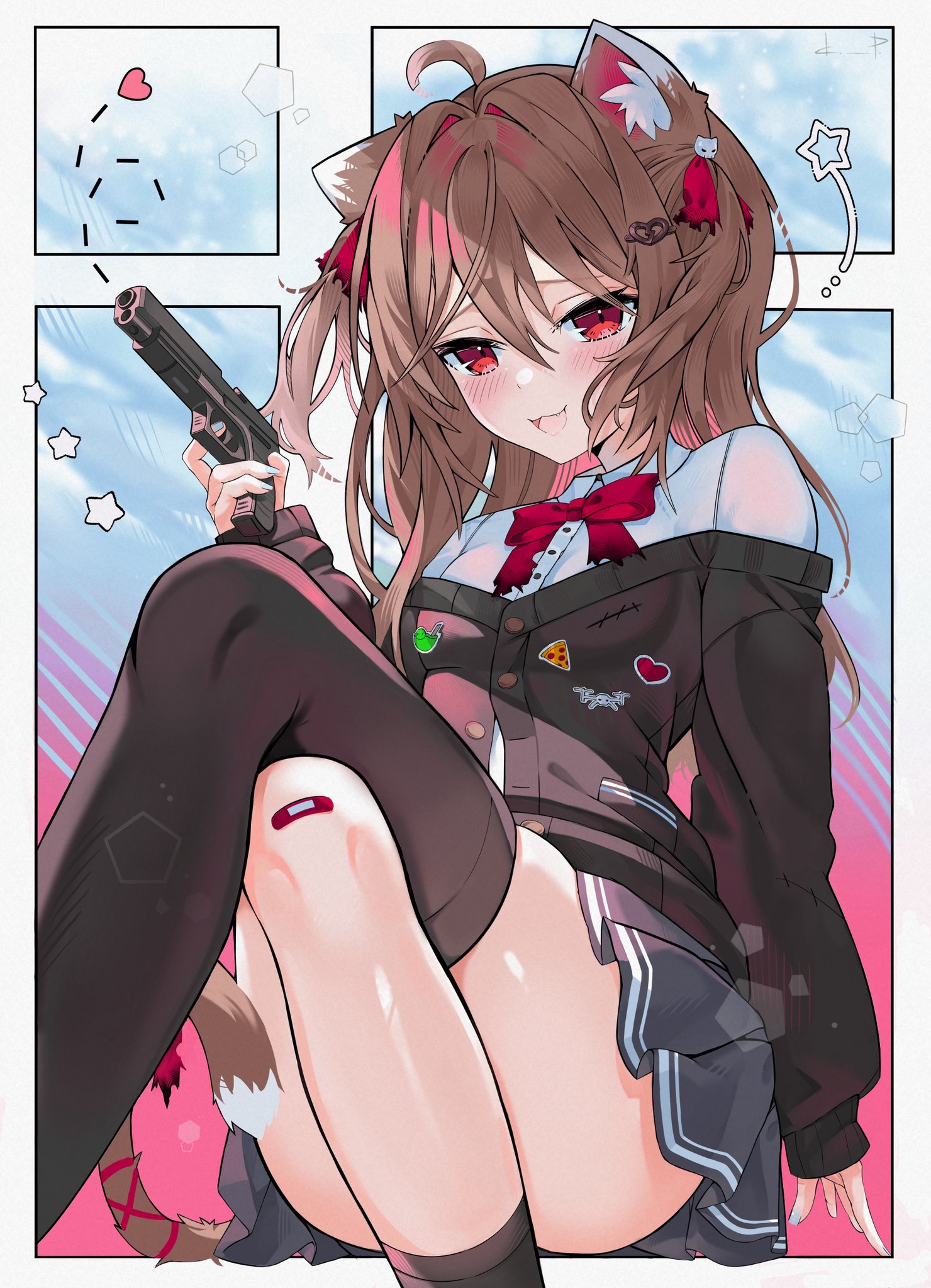 dora pomidora7, evil neuro-sama, neuro-sama, commentary, english commentary, highres, 1girl, ahoge, animal ears, asymmetrical legwear, bandaid, bandaid on knee, bandaid on leg, black cardigan, black skirt, black socks, black thighhighs, blue nails, bow, bowtie, broken heart, broken heart hair ornament, brown hair, cardigan, cat ears, cat girl, cat tail, crossed legs, dress shirt, feet out of frame, from side, gun, hair between eyes, hair ornament, hair ribbon, heart, holding, holding gun, holding weapon, long hair, long sleeves, looking at viewer, miniskirt, nail polish, off-shoulder cardigan, open mouth, pleated skirt, red bow, red bowtie, red eyes, red ribbon, ribbon, shirt, single sock, single thighhigh, sitting, skirt, skull hair ornament, socks, solo, tail, thighhighs, two side up, uneven legwear, vedal ai, virtual youtuber, weapon, white shirt