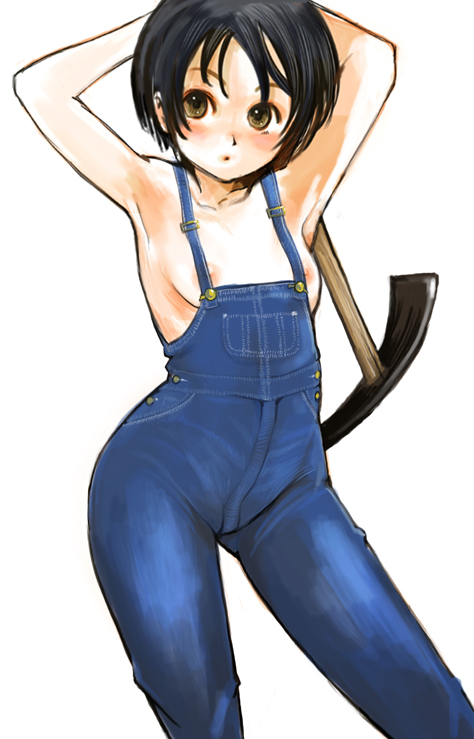 kazaana, original, 1girl, armpits, black hair, blush, breasts, brown eyes, brown hair, female focus, hip focus, naked overalls, overalls, pickaxe, short hair, small breasts, solo