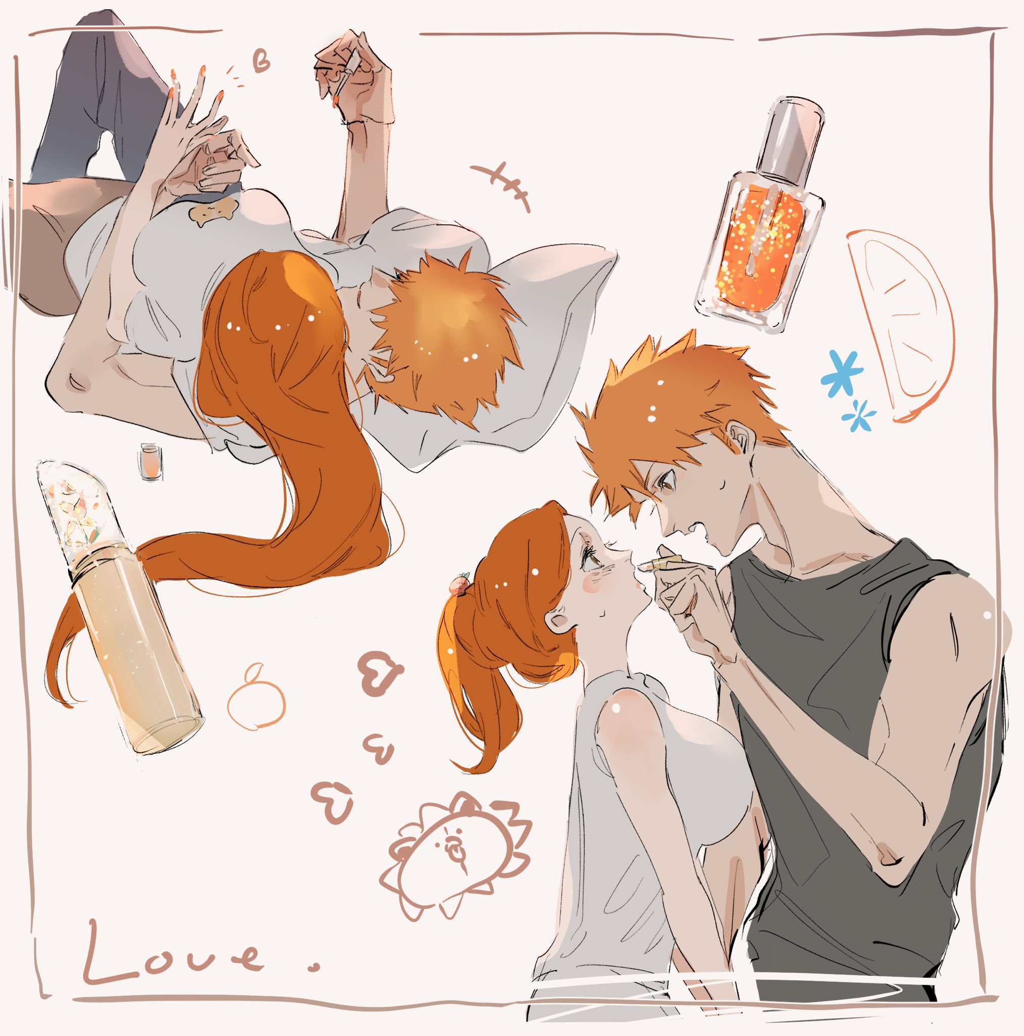 mozukurinn, inoue orihime, kurosaki ichigo, bleach, highres, 1boy, 1girl, black pants, black shirt, blush, breasts, brown eyes, brown skirt, cosmetics, couple, cuddling, food, fruit, hair between eyes, hetero, holding, holding brush, large breasts, lipstick, long hair, looking at another, lying, makeup, multiple views, nail polish, nail polish bottle, nail polish brush, on back, open mouth, orange (fruit), orange hair, orange nails, orange slice, pants, parted bangs, pillow, ponytail, shirt, short hair, skirt, sleeveless, sleeveless shirt, sweatdrop, upper body, white background, white shirt