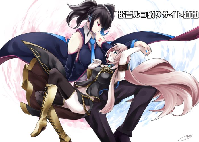 megurine luka, yokune ruko, utau, vocaloid, bad id, bad pixiv id, 2girls, black hair, blue necktie, blush, crossover, headphones, heterochromia, holding hands, long hair, multiple girls, necktie, pink hair, twintails