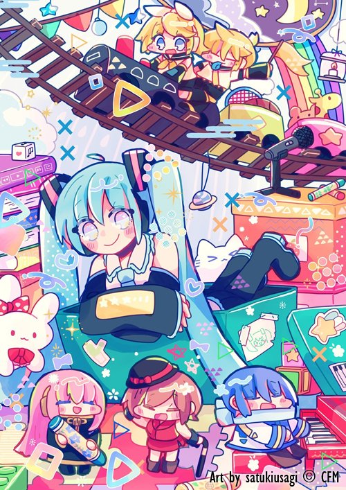 satuki usagi, hatsune miku, kagamine len, kagamine rin, kaito (vocaloid), megurine luka, meiko (vocaloid), vocaloid, commentary, contest winner, english commentary, official art, second-party source, 2boys, 4girls, :d, ahoge, aqua hair, artist name, black dress, black hat, black leg warmers, black sailor collar, black shoes, black shorts, black sleeves, blonde hair, blue hair, blue necktie, blue scarf, blush, book, book stack, bow, brown hair, brown shoes, candle, cat, chibi, closed mouth, coat, collared shirt, company name, constellation, copyright notice, crayon, crescent, detached sleeves, dice, drawing (object), dress, fire, flag, hat, holding, holding crayon, holding flag, instrument, jacket, leg warmers, long hair, long sleeves, microphone, multiple boys, multiple girls, musical note, neckerchief, necktie, open mouth, piano, pink hair, purple eyes, rabbit, railroad tracks, red jacket, sailor collar, scarf, shirt, shoes, shorts, sleeping, smile, solo focus, spring onion, square, star (symbol), stuffed animal, stuffed toy, tape, tongue, train, triangle, twintails, very long hair, white bow, white coat, white shirt, yellow neckerchief, yellow necktie