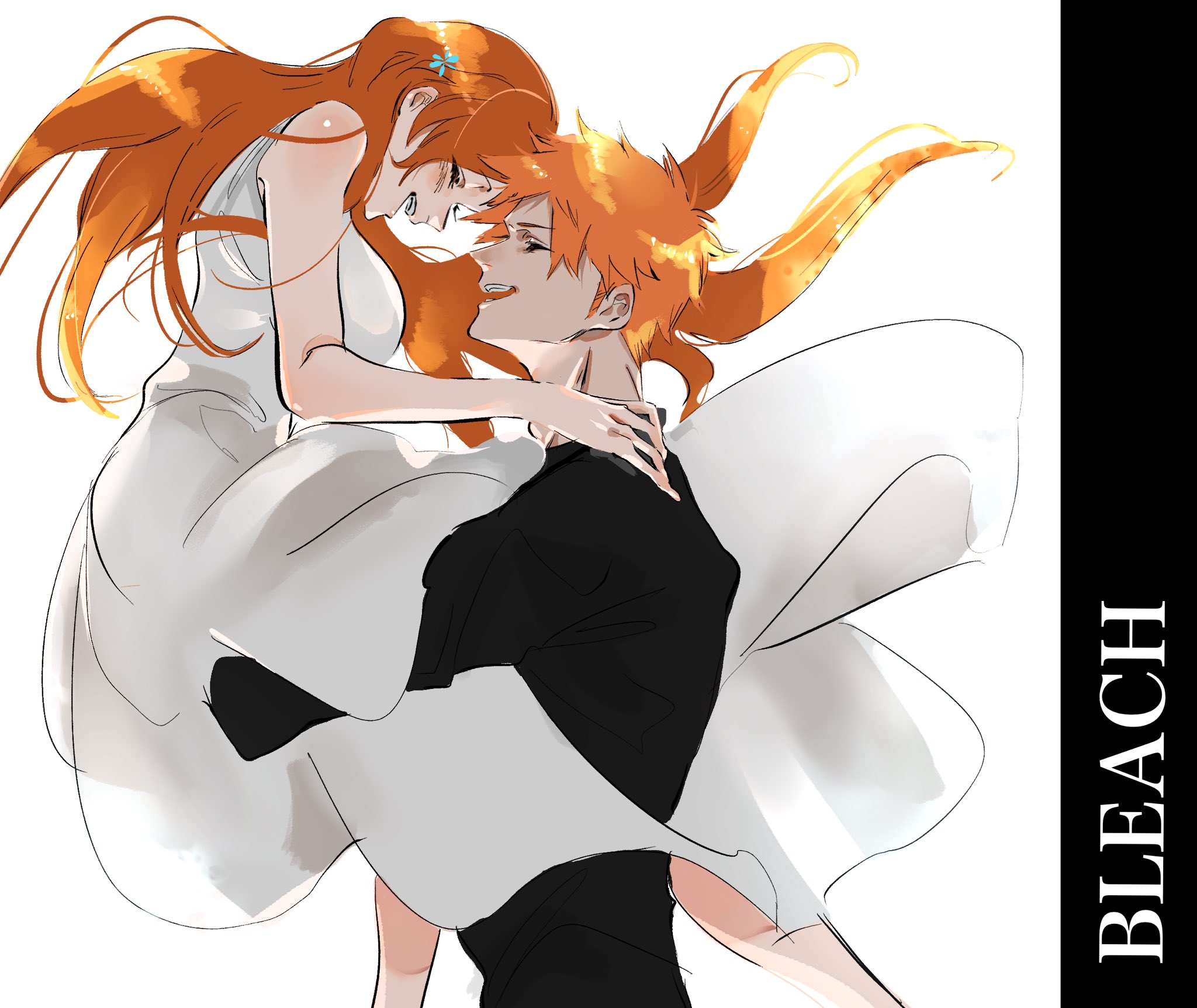mozukurinn, inoue orihime, kurosaki ichigo, bleach, highres, 1boy, 1girl, bare shoulders, black shirt, blush, breasts, closed eyes, copyright name, couple, dress, hair ornament, hand on another's shoulder, hetero, large breasts, long dress, long hair, open mouth, orange hair, shirt, short hair, sleeveless, sleeveless dress, smile, snowflake hair ornament, white background, white dress
