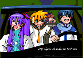 yesi-chan, kagamine len, kaito (vocaloid), kamui gakupo, kasane ted, saturday night live, utau, vocaloid, animated, animated gif, lowres, 1girl, 3boys, :d, blush stickers, car, driving, meme, motor vehicle, multiple boys, o o, open mouth, parody, running, smile, tears, tree, watermark, what is love (meme)