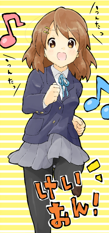 moke (rotary), hirasawa yui, k-on!, bad id, bad pixiv id, translated, 00s, 1girl, brown eyes, brown hair, female focus, marching, musical note, panties, panties under pantyhose, pantyhose, school uniform, short hair, solo, underwear, upskirt