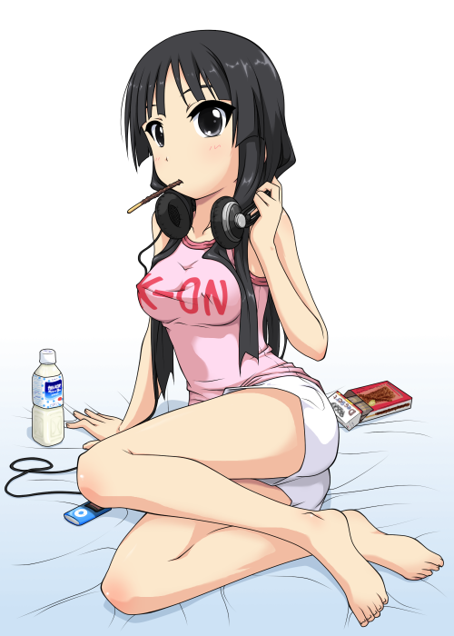 k10k, akiyama mio, k-on!, 00s, 1girl, akg k-series headphones, barefoot, black eyes, black hair, bottle, breasts, casual, covered erect nipples, digital media player, feet, female focus, food, headphones, headphones around neck, ipod, ipod nano, ipod nano 4g, legs, long hair, medium breasts, mouth hold, pocky, short shorts, shorts, solo, tank top