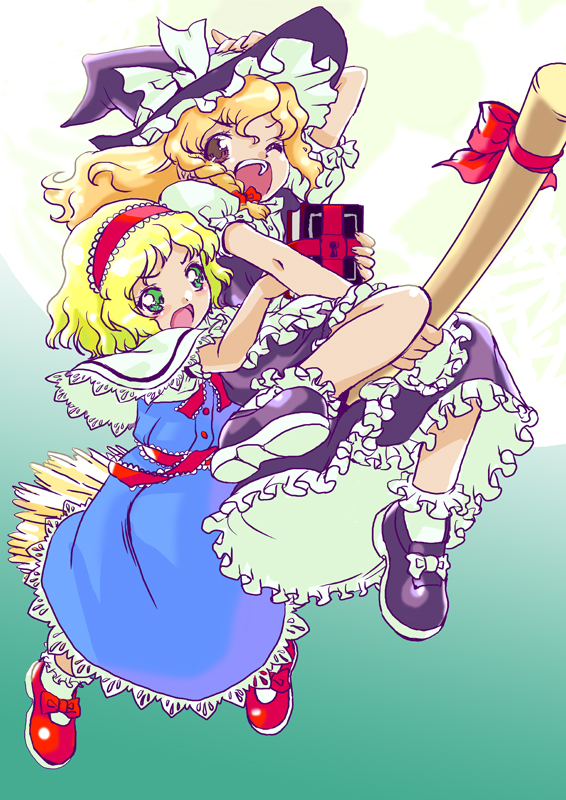 lovezawa, alice margatroid, kirisame marisa, marisa stole the precious thing, touhou, 2girls, blonde hair, book, braid, broom, dress, female focus, full body, gradient background, green eyes, hairband, hat, multiple girls, short hair, side braid, witch, witch hat, yellow eyes