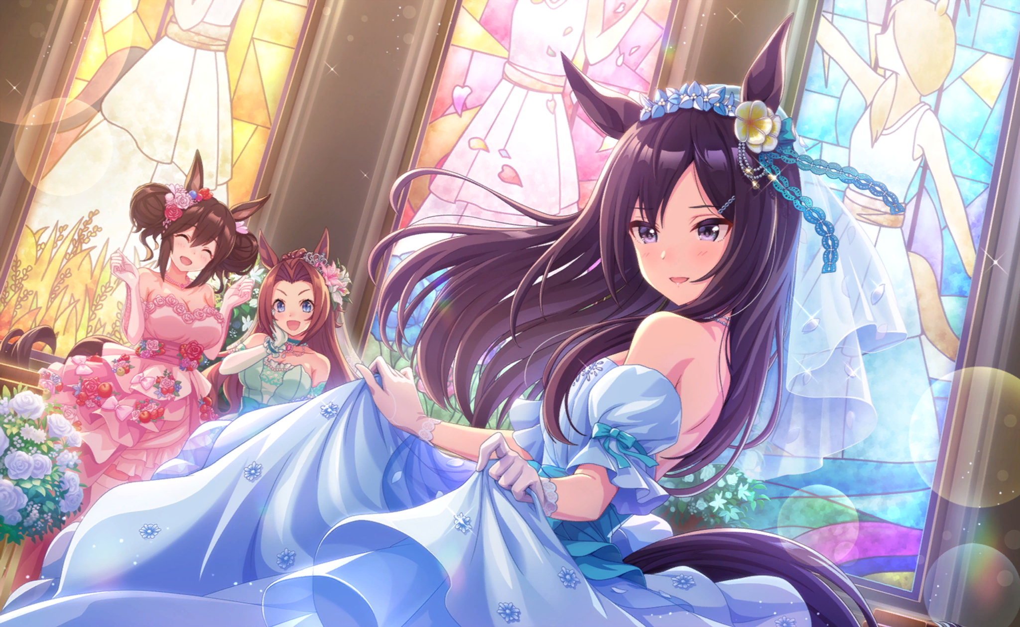 hishi akebono (umamusume), hishi akebono (who wants the first bite?) (umamusume), kawakami princess (princess bride) (umamusume), kawakami princess (umamusume), mejiro dober (my thoughts my desires) (umamusume), mejiro dober (umamusume), umamusume, artist request, game cg, highres, official art, 3girls, ^ ^, animal ears, aqua bow, aqua corset, aqua ribbon, aqua wrist cuffs, backless dress, backless outfit, bare back, beads, bow, breasts, bridal veil, bride, brown hair, church, cleavage, closed eyes, corset, cowboy shot, detached sleeves, double bun, dress, dress bow, dutch angle, elbow gloves, feet out of frame, floral print, flower, forehead, frilled dress, frilled sleeves, frilled wrist cuffs, frills, gloves, gown, hair beads, hair between eyes, hair bow, hair bun, hair flower, hair intakes, hair ornament, hair ribbon, hairclip, hand on own cheek, hand on own face, happy, height difference, horse ears, horse girl, horse tail, indoors, lace ribbon, large breasts, light particles, long dress, long hair, long sidelocks, looking at self, multiple girls, official alternate costume, petals, pink bow, pink dress, pink flower, pink gloves, pink ribbon, pink rose, plant, potted plant, print dress, puffy short sleeves, puffy sleeves, purple eyes, red flower, red rose, ribbon, rose, short hair, short sleeves, shoulder blades, sidelocks, skirt hold, sleeve bow, sparkle, stained glass, standing, strapless, strapless dress, tail, tsurime, veil, very long hair, wavy hair, wedding dress, white dress, white gloves, white sleeves, white veil, wrist cuffs, yellow flower