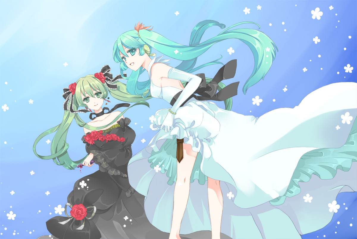 suzushiro, cendrillon (toaru majutsu no index), hatsune miku, cantarella, cantarella (vocaloid), cendrillon (vocaloid), vocaloid, bad id, bad pixiv id, 2girls, aqua eyes, aqua hair, dress, dual persona, elbow gloves, flower, from behind, gloves, long hair, looking back, multiple girls, ribbon, songover, twintails, very long hair