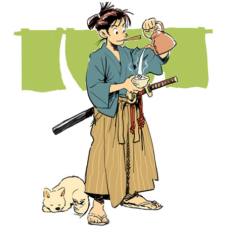 matsuda (matsukichi), lowres, 1boy, baby animal, chopsticks, dog, food, hakama, hakama skirt, japanese clothes, katana, kettle, male focus, mouth hold, puppy, samurai, sandals, sheath, sheathed, skirt, solo, sword, tea, weapon
