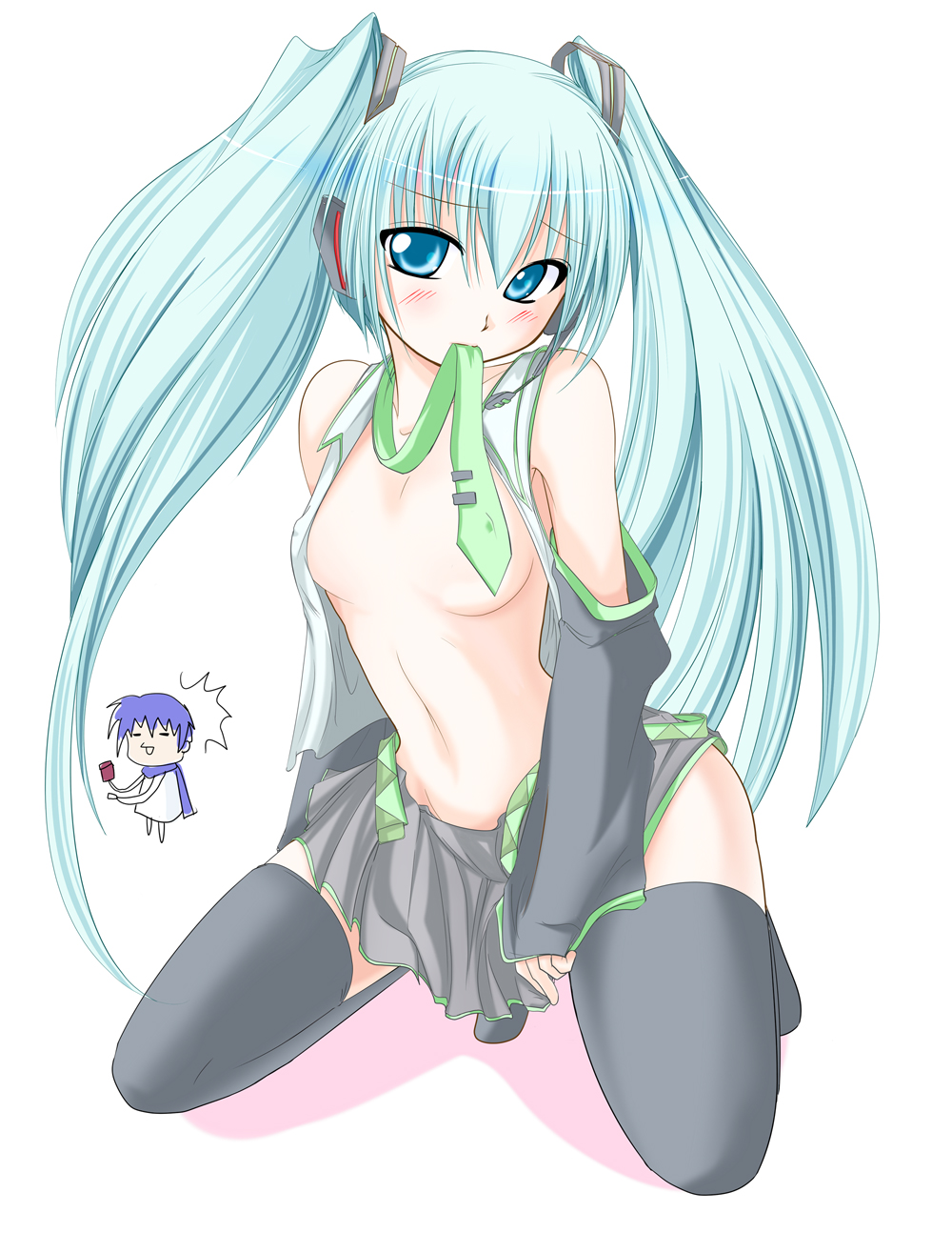 kirihane, hatsune miku, kaito (vocaloid), vocaloid, highres, 1boy, 1girl, aqua eyes, aqua hair, blush, breasts, detached sleeves, hair ornament, long hair, midriff, miniskirt, mouth hold, navel, necktie, open clothes, open shirt, pleated skirt, shirt, sitting, skirt, small breasts, thighhighs, twintails, undressing, very long hair, zettai ryouiki
