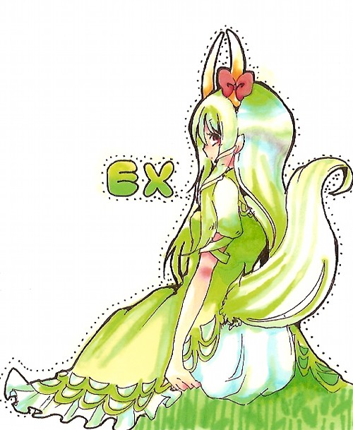 miro (vert37), ex-keine, kamishirasawa keine, touhou, bad id, bad pixiv id, 1girl, female focus, green hair, horns, long hair, red eyes, solo, tail