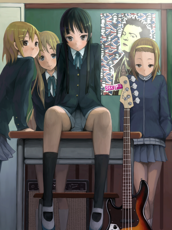 penpen (penpen1942), akiyama mio, hirasawa yui, kotobuki tsumugi, sid vicious, tainaka ritsu, k-on!, bad id, bad pixiv id, 00s, 4girls, amplifier, bass guitar, black hair, blonde hair, blue eyes, brown hair, desk, guitar, hair ornament, hairband, hairclip, hands in pockets, ho-kago tea time, instrument, leaning, long hair, miniskirt, multiple girls, pantyhose, pleated skirt, ribbon, sad, school desk, school uniform, serious, short hair, sitting, skirt, smile, sweater