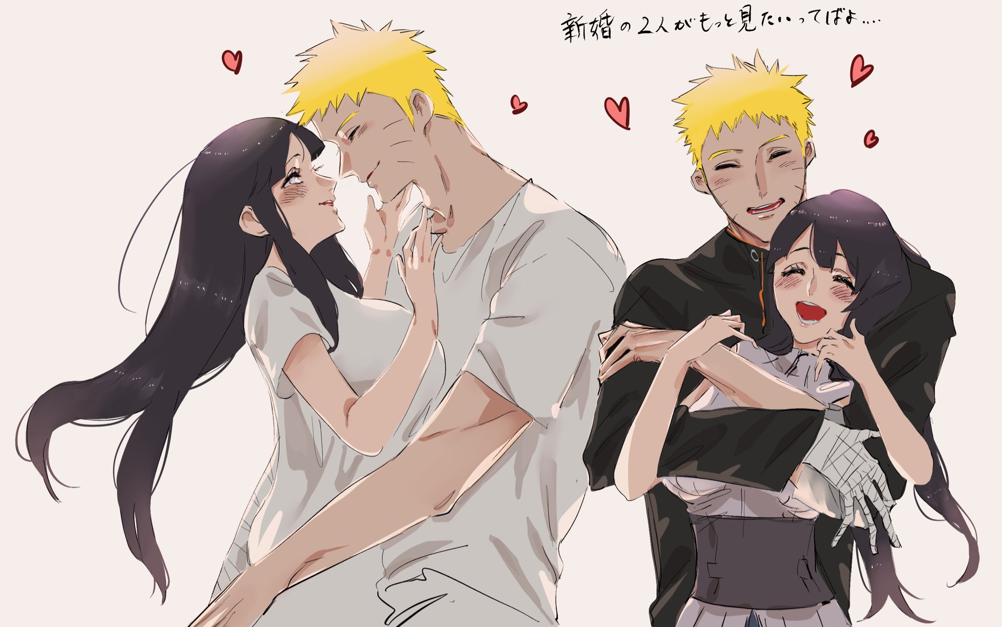 mozukurinn, hyuuga hinata, uzumaki naruto, naruto (series), highres, 1boy, 1girl, bandaged hand, bandages, black hair, black jacket, blonde hair, blunt bangs, blush, breasts, closed eyes, closed mouth, couple, facial mark, hand on another's cheek, hand on another's face, hetero, hime cut, hug, hug from behind, jacket, large breasts, long hair, looking at another, multiple views, open mouth, parted lips, shirt, short hair, sidelocks, sketch, sleeveless, sleeveless shirt, smile, spiked hair, upper body, whisker markings, white eyes, white shirt