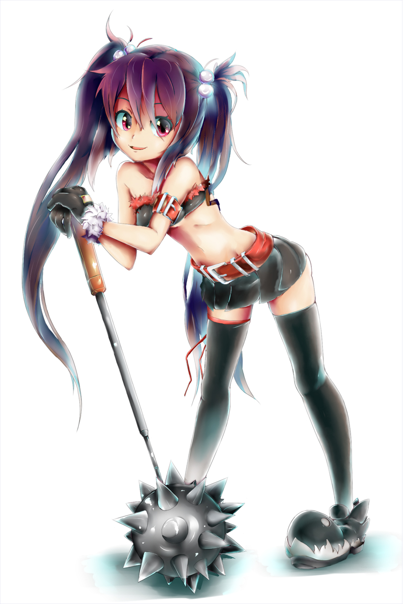 pro, kooh (pangya), pangya, highres, 1girl, bandeau, belt, brown hair, child, female focus, gloves, hair ornament, long hair, mace, midriff, miniskirt, navel, pink eyes, pleated skirt, purple hair, shoes, skirt, smile, solo, spiked mace, spikes, strapless, thighhighs, tube top, twintails, weapon, zettai ryouiki