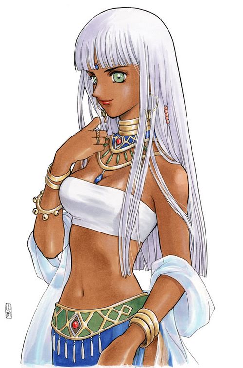 artist request, 1girl, bandeau, bracelet, dark-skinned female, dark skin, earrings, female focus, green eyes, jewelry, long hair, midriff, navel, necklace, solo, strapless, tube top, white hair