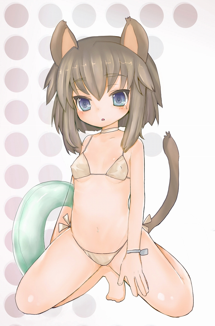 ako (clover01), original, bad id, bad pixiv id, 1girl, animal ears, bare shoulders, barefoot, bikini, blue eyes, blush, brown hair, female focus, flat chest, innertube, kneeling, side-tie bikini bottom, solo, string bikini, swim ring, swimsuit, tail, white bikini