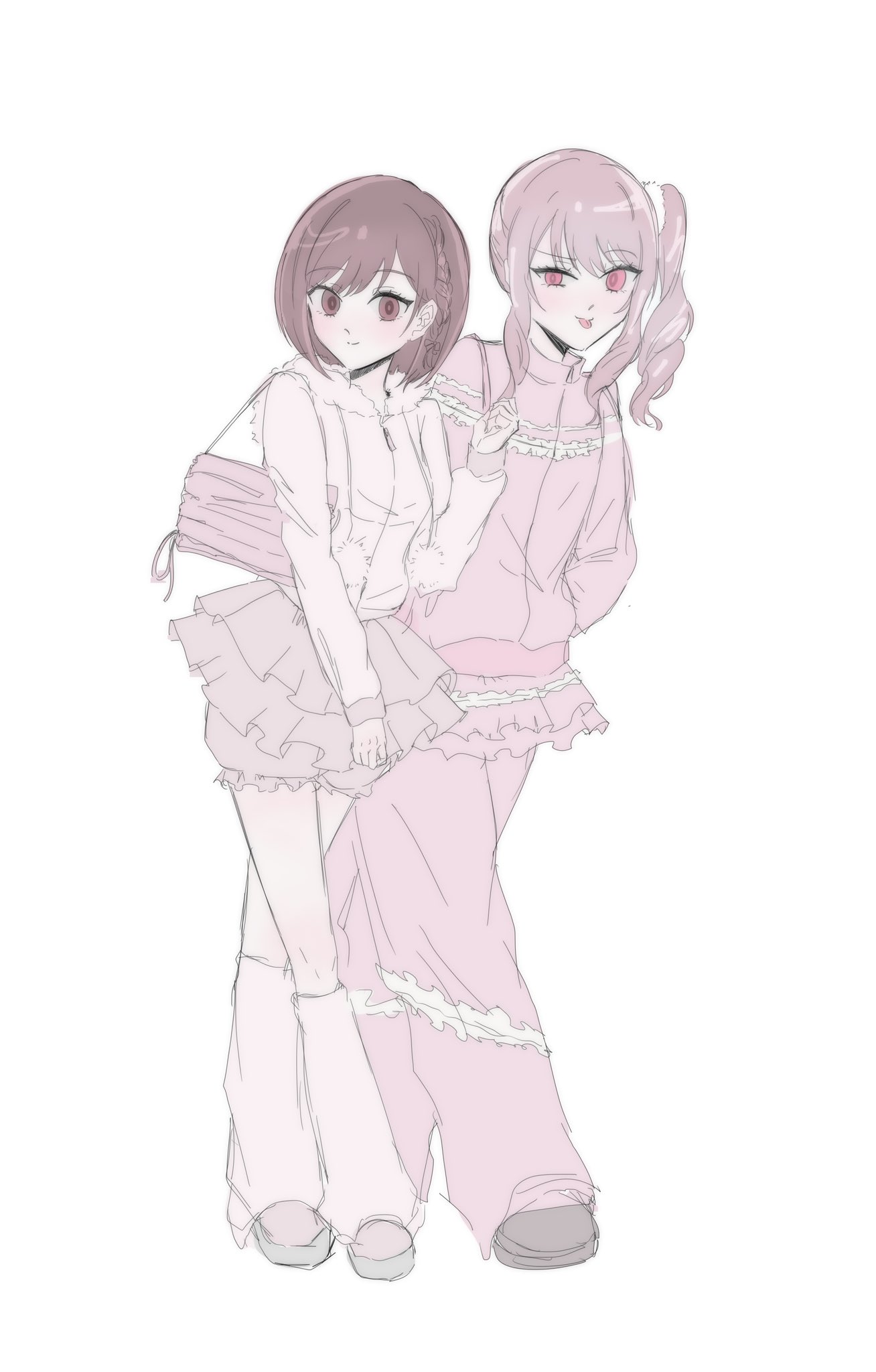 akiyama mizuki, shinonome ena, project sekai, commentary request, highres, korean commentary, 1girl, 1other, 2geojiyeah, bag, bloomers, braid, brown eyes, brown hair, full body, fur-trimmed hood, fur trim, hair ornament, hand in pocket, hood, hood down, hoodie, jacket, leg warmers, long sleeves, looking at viewer, pants, pants under skirt, pink eyes, pink hair, pink theme, short hair, shoulder bag, side ponytail, skirt, smile, tongue, tongue out, track jacket, underwear, uneven eyes