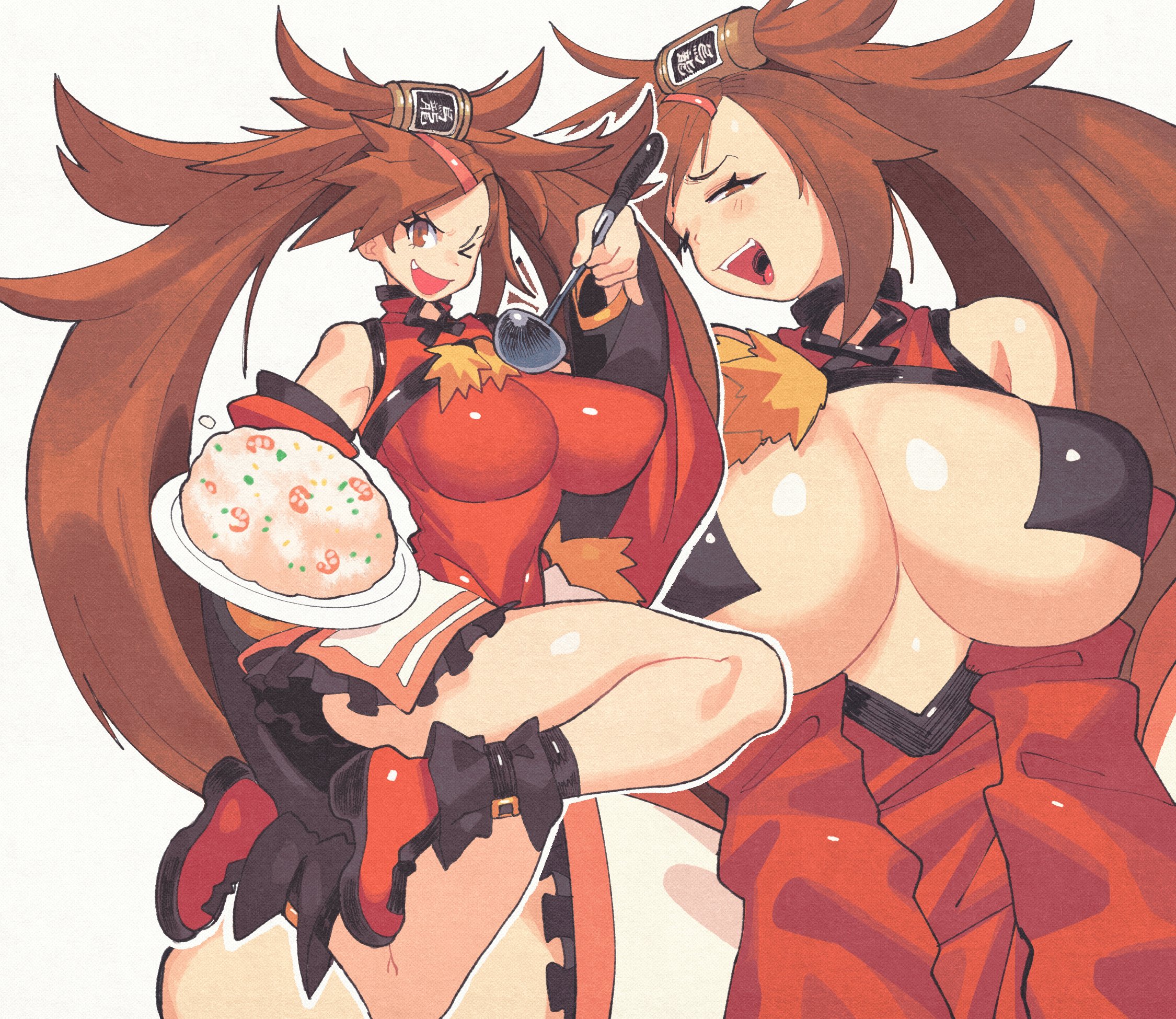 inkerton-kun, kuradoberi jam, guilty gear, highres, 1girl, bare shoulders, breasts, brown eyes, brown hair, detached sleeves, dress, food, fried rice, hair ornament, hair rings, holding, holding plate, long hair, one eye closed, open mouth, pasties, plate, red dress, single hair ring, skirt, smile, thick thighs, thighs, very long hair, wide sleeves