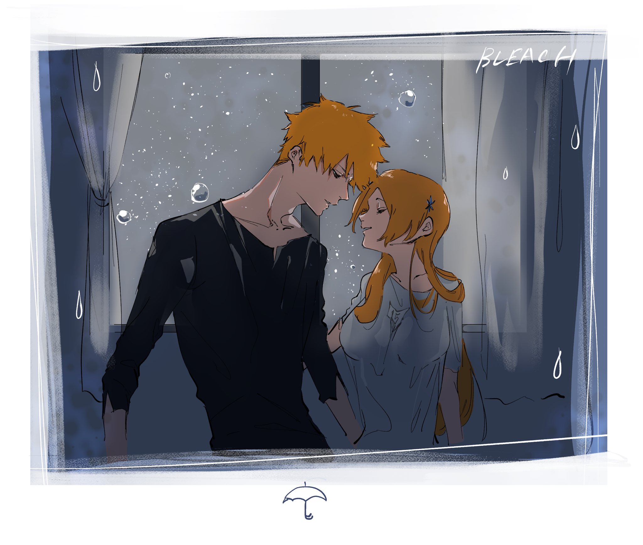 mozukurinn, inoue orihime, kurosaki ichigo, bleach, highres, 1boy, 1girl, arm around waist, black shirt, breasts, closed eyes, couple, curtains, hair ornament, half-closed eyes, hetero, indoors, long hair, looking at another, medium breasts, orange hair, parted bangs, parted lips, rain, shirt, short hair, smile, snowflake hair ornament, spiked hair, upper body, white shirt, window