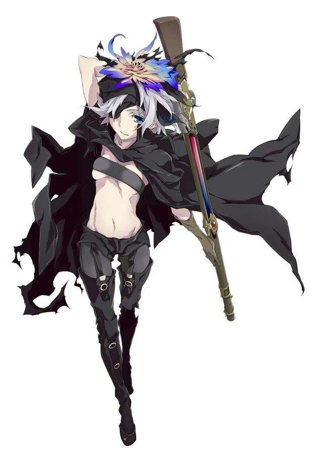 flamie speeddraw, rokka no yuusha, official art, source request, tagme, 1girl, breasts, cape, expressionless, eyepatch, navel, pants, toned, underboob, weapon