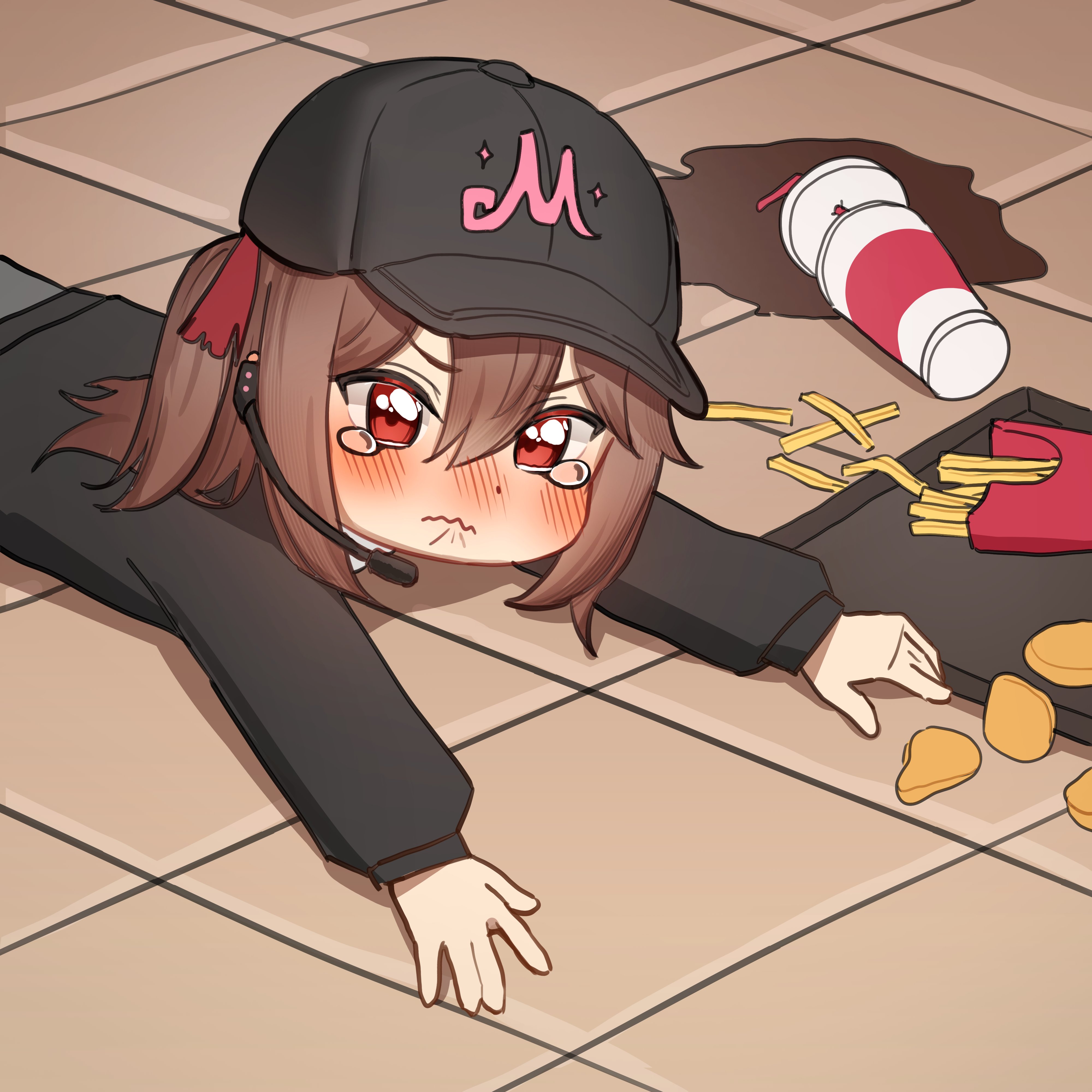 lavidi, evil neuro-sama, neuro-sama, absurdres, hashtag-only commentary, highres, 1girl, apu spills his tendies (meme), black cardigan, black hat, brown hair, cardigan, chicken nuggets, closed mouth, dropped food, food, french fries, from above, from side, hair between eyes, hair ribbon, hat, long hair, long sleeves, looking at viewer, lying, meme, microphone, on stomach, red eyes, red ribbon, ribbon, sad, solo, teardrop, two side up, upper body, vedal ai