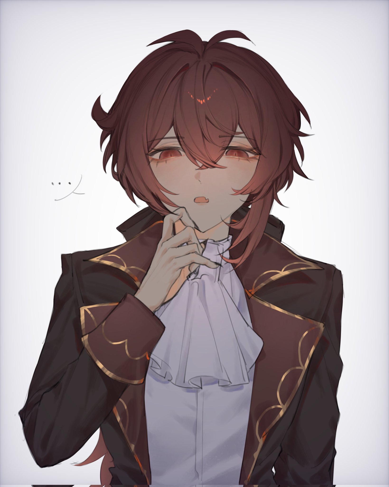 zehuij, diluc (genshin impact), genshin impact, highres, …, 1boy, eyelashes, fang, hair between eyes, long sleeves, looking at viewer, male focus, open mouth, red eyes, red hair, simple background, skin fang, solo, spoken ellipsis, upper body