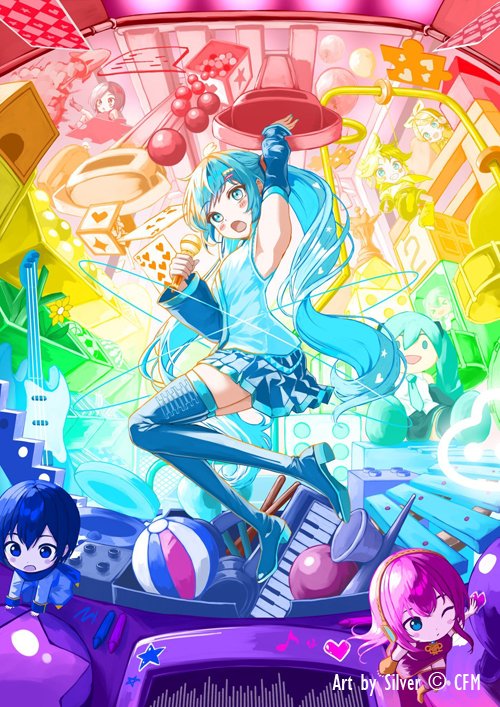 shirubaa, hatsune miku, kagamine len, kagamine rin, kaito (vocaloid), megurine luka, meiko (vocaloid), vocaloid, commentary, english commentary, official art, second-party source, 2boys, 4girls, :o, ;o, aqua eyes, aqua hair, armpits, artist name, bass guitar, black boots, black skirt, blonde hair, blue eyes, blue hair, blush, boots, brooch, brown hair, card, character doll, chibi, coat, collared shirt, company name, copyright notice, doll, drumsticks, full body, grin, hair ornament, hairclip, heart, holding, holding microphone, instrument, jewelry, keyboard (instrument), long hair, microphone, multiple boys, multiple girls, nine of hearts, one eye closed, open mouth, pink hair, playing card, pleated skirt, puzzle piece, shirt, skirt, smile, solo focus, speech bubble, star (symbol), teeth, thigh boots, tongue, twintails, very long hair, white coat, white shirt