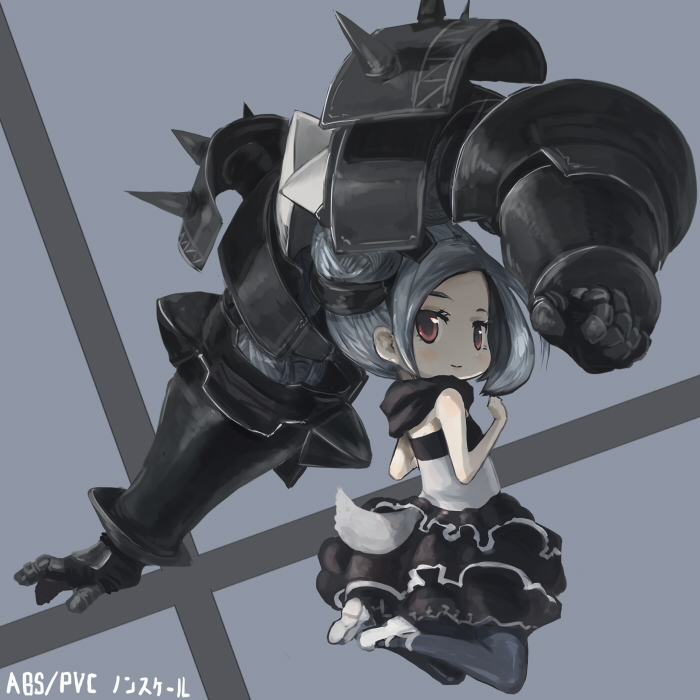jitsu hidari, ukuel, original, 1girl, armor, armored twintails, chibi, female focus, gauntlets, hair ornament, jumping, pantyhose, red eyes, smile, solo, twintails