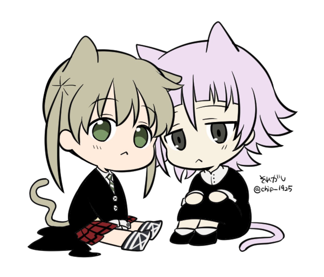 siosomurie, crona (soul eater), maka albarn, soul eater, 1girl, 1other, :<, animal ears, blunt bangs, brown eyes, brown hair, cat ears, cat tail, chibi, chibi only, collared shirt, dress, flipped hair, full body, green eyes, jacket, jitome, kemonomimi mode, knees up, long hair, long sleeves, looking at viewer, necktie, pleated skirt, purple hair, shirt, short hair, sitting, skirt, sleeve cuffs, striped necktie, tail, twintails