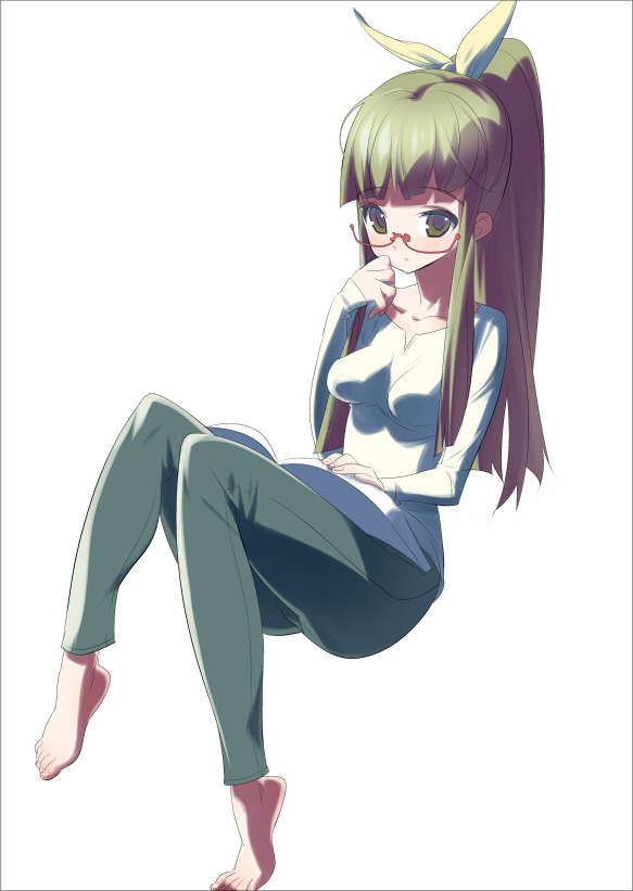 tensugi takashi, bad id, bad pixiv id, barefoot, book, bow, denim, feet, glasses, green eyes, green hair, hair bow, jeans, long hair, pants, solo