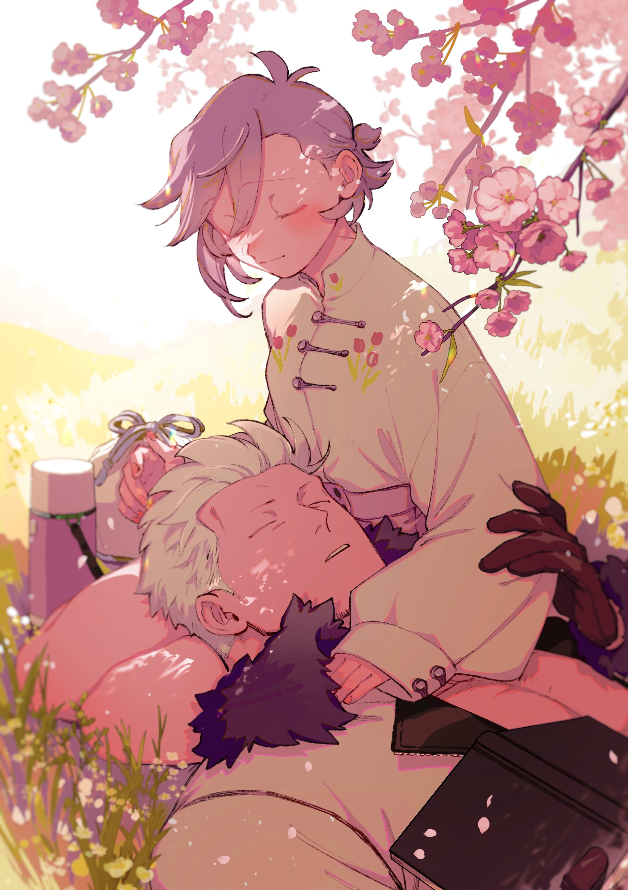 kabane (rjev8385), smoker (one piece), one piece, absurdres, highres, 1boy, 1girl, antenna hair, asymmetrical bangs, basket, black gloves, book, branch, breasts, cherry blossoms, chinese clothes, closed eyes, couple, dappled sunlight, day, facial hair, falling petals, floral print shirt, fur-trimmed jacket, fur trim, gloves, goatee stubble, grass, grey hair, grey skirt, hand on another's arm, hand on another's chest, hetero, jacket, lap pillow, long sleeves, mandarin collar, nail polish, no shirt, oc x canon, on grass, open book, orange nails, outdoors, parted lips, petals, ponytail, print shirt, seiza, shade, shirt, shirt tucked in, short hair, short ponytail, sitting, skirt, sleeping, sleeves past wrists, small breasts, stubble, sunlight, swept bangs, tangzhuang, thermos, unzipped, white hair, white jacket, white shirt, zipper